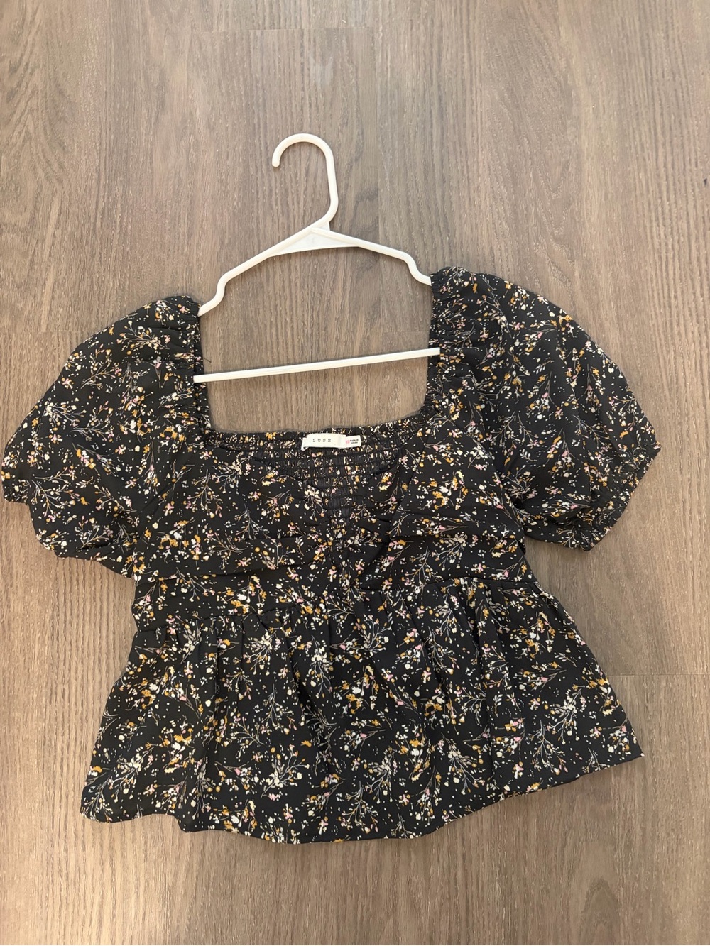 Lush Black Floral Smocked Puff Sleeve Top